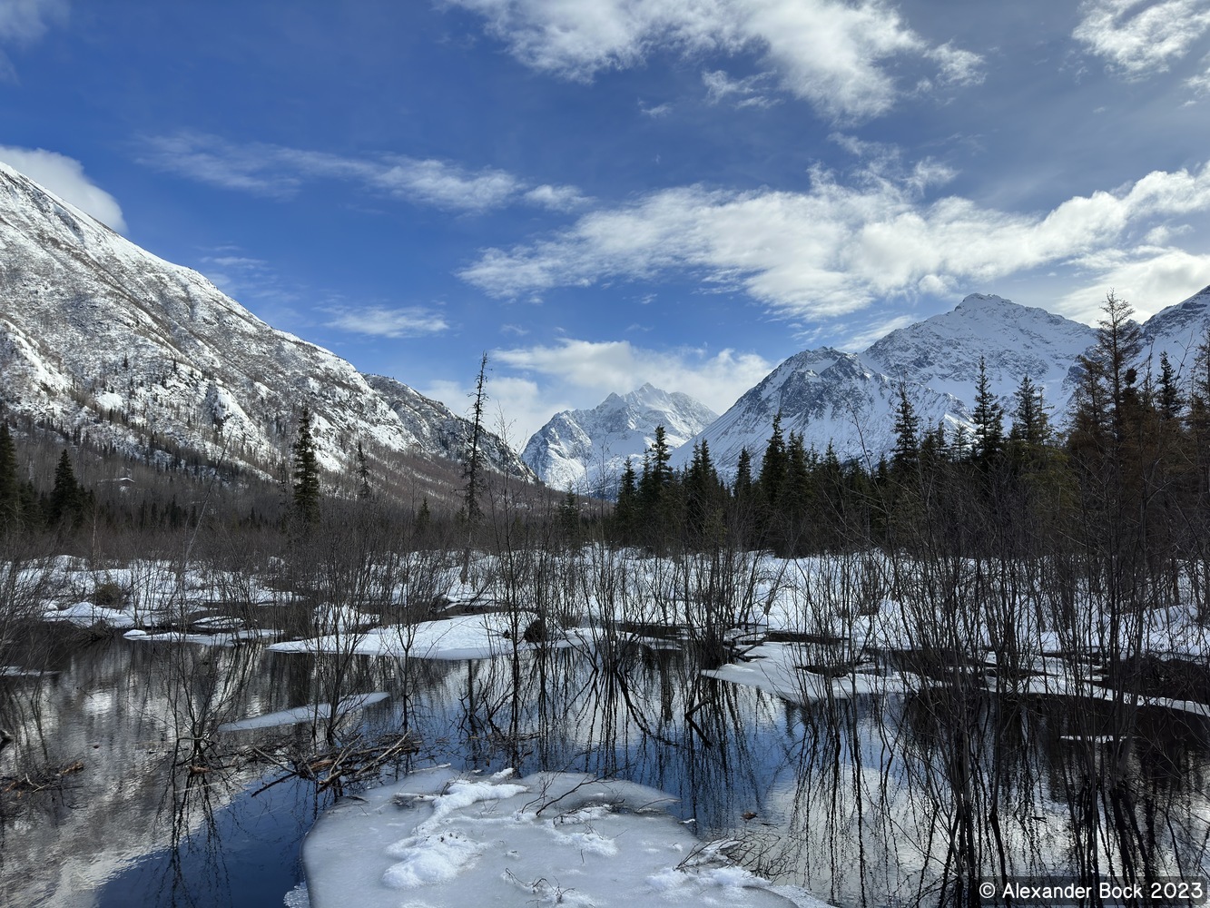 Mountains reflected over water at Eagle River Nature Center