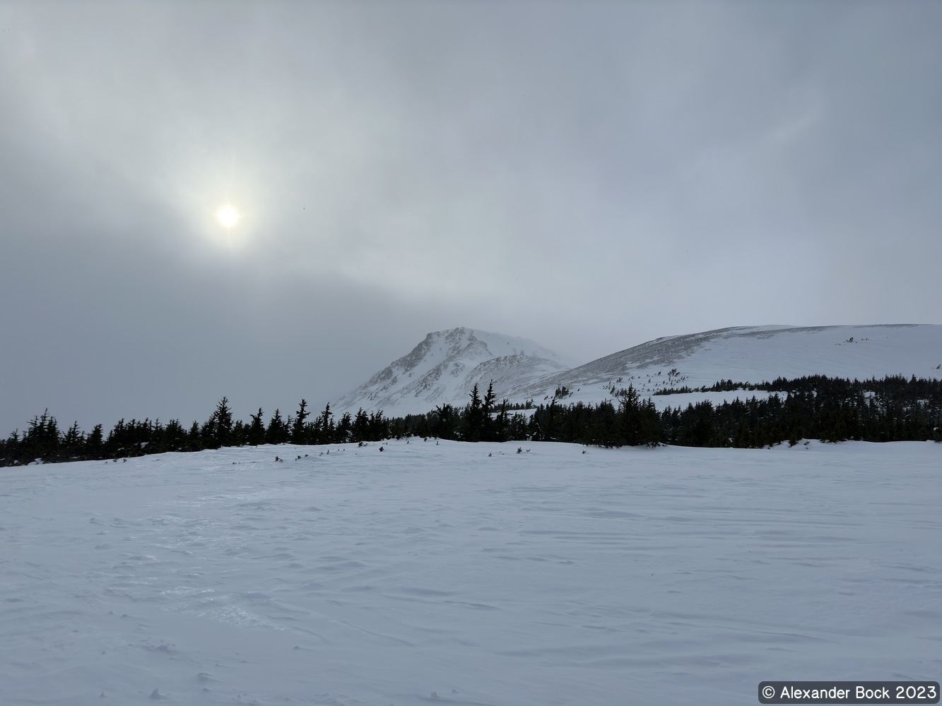 Flattop Mountain in the fog