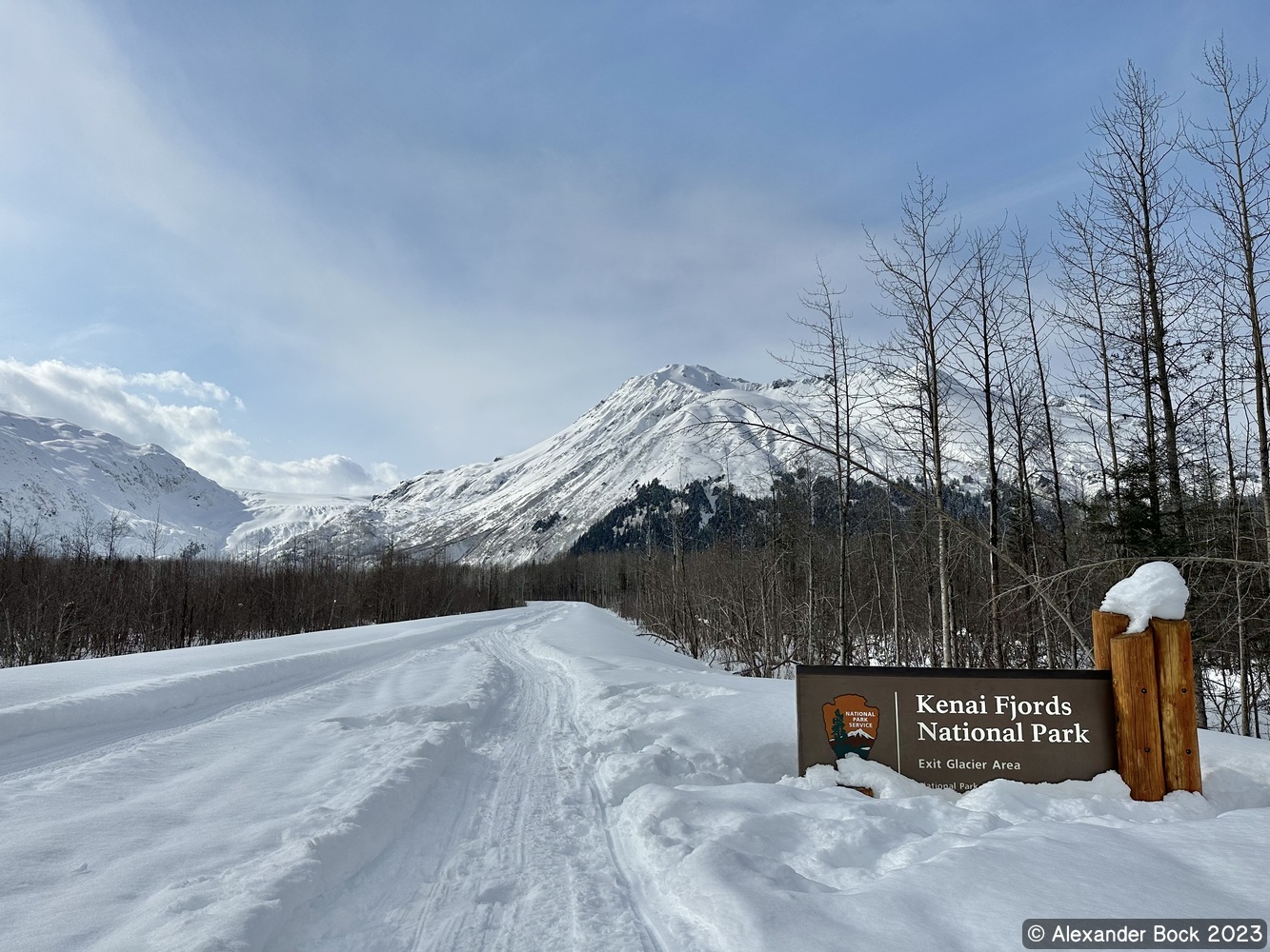 Kenai Fjords entrance sign on closed winter road