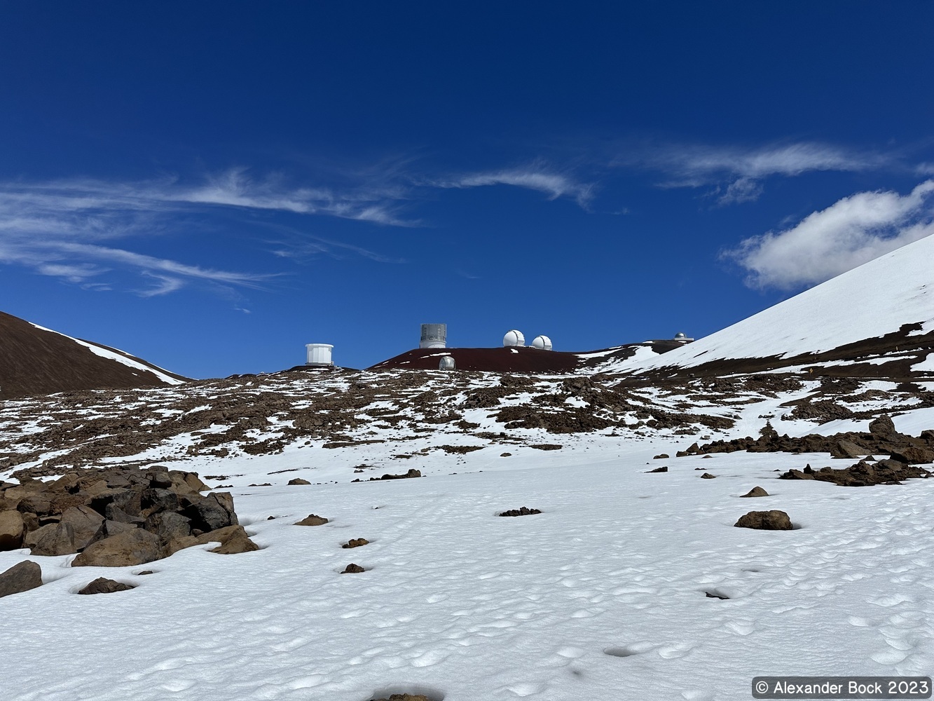 View of observatories when they first become visible on the hike up Mauna Kea