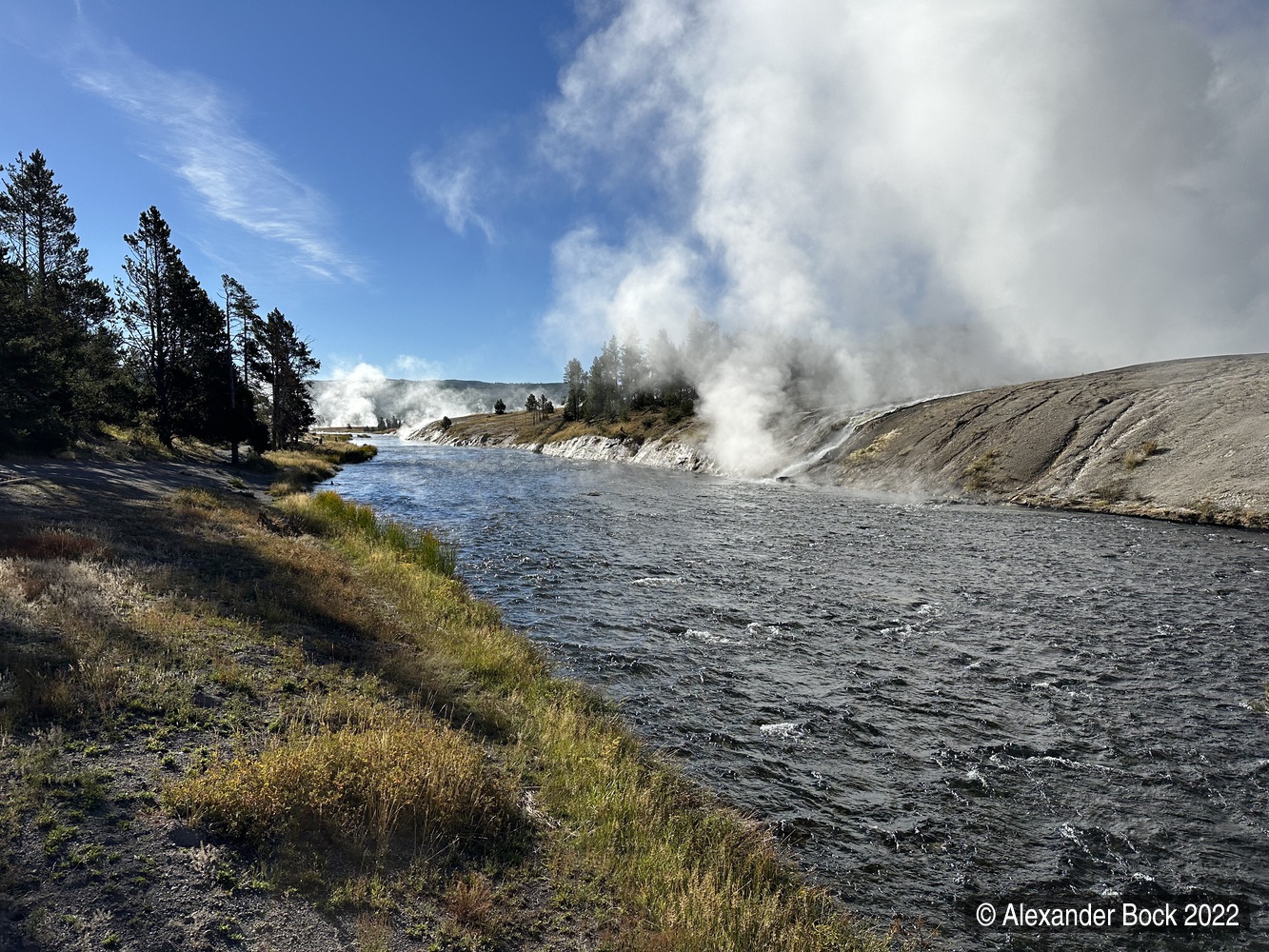 Photo of steam from geysers near Grand Prismatic Spring